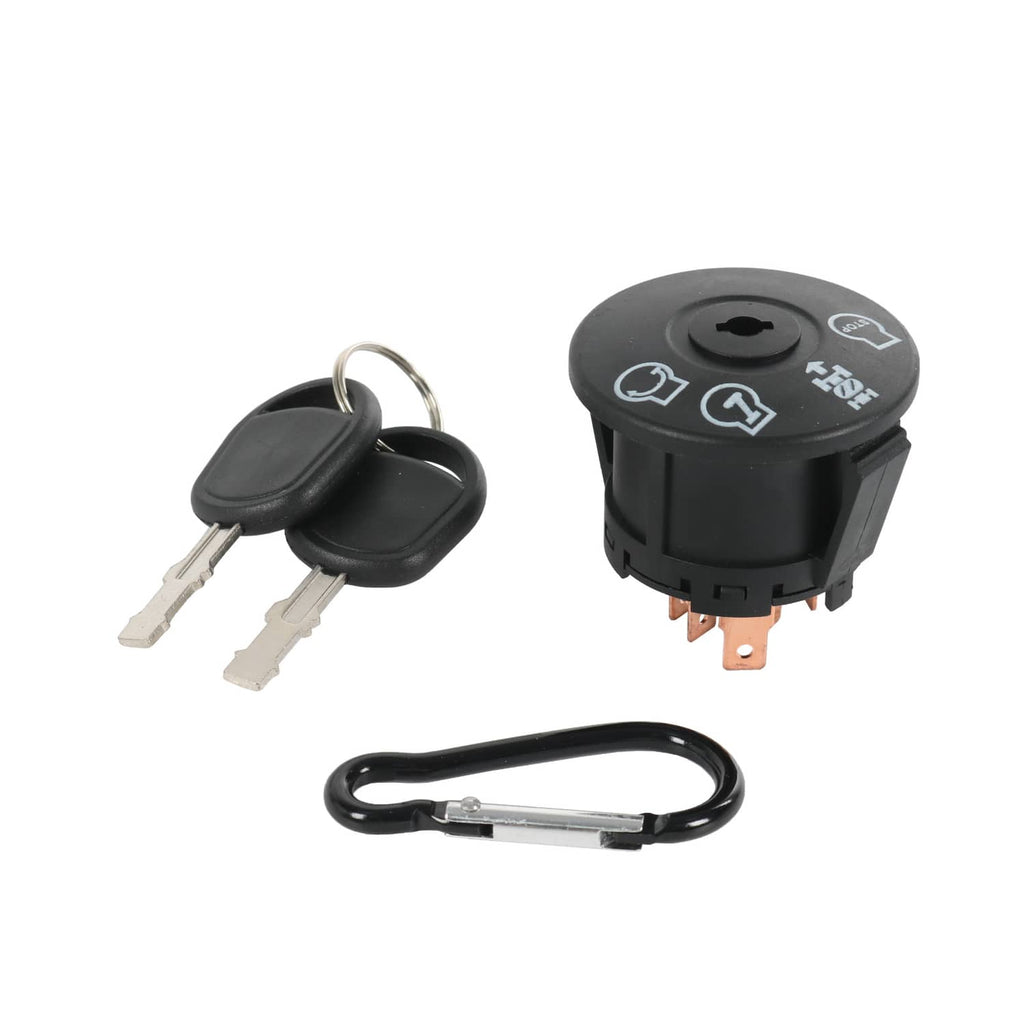 Black ignition switch starter with key set, metal clips, and electrical terminals.