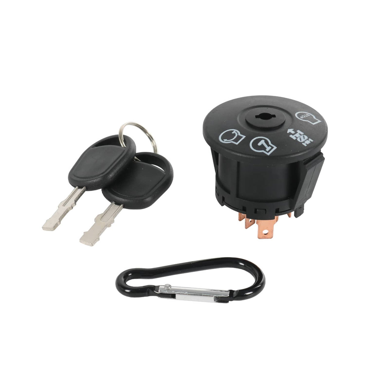 Black ignition switch starter with key set, metal clips, and electrical terminals.