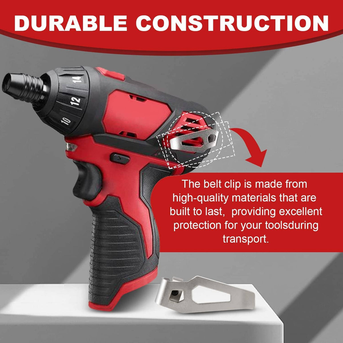 Grey belt clip attached to a red and black impact driver tool