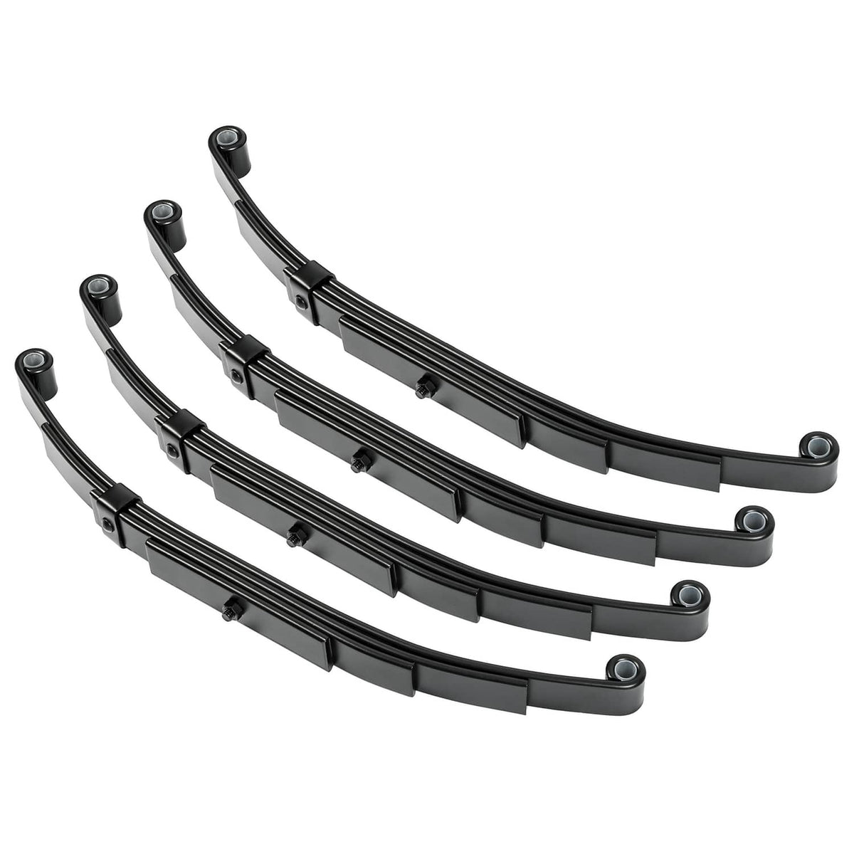 Set of stacked black leaf springs with mounting hardware and metal end rings