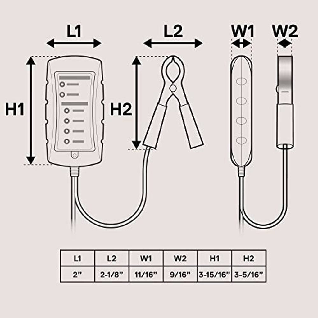 Battery tester size diagram with clamp and probe lead measurements