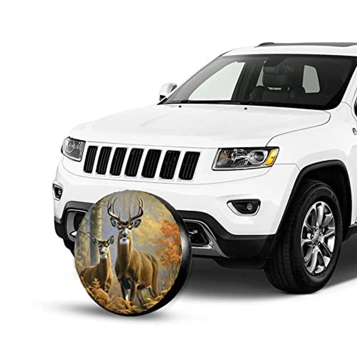 Deer-printed spare tire cover attached to the front of a white Jeep