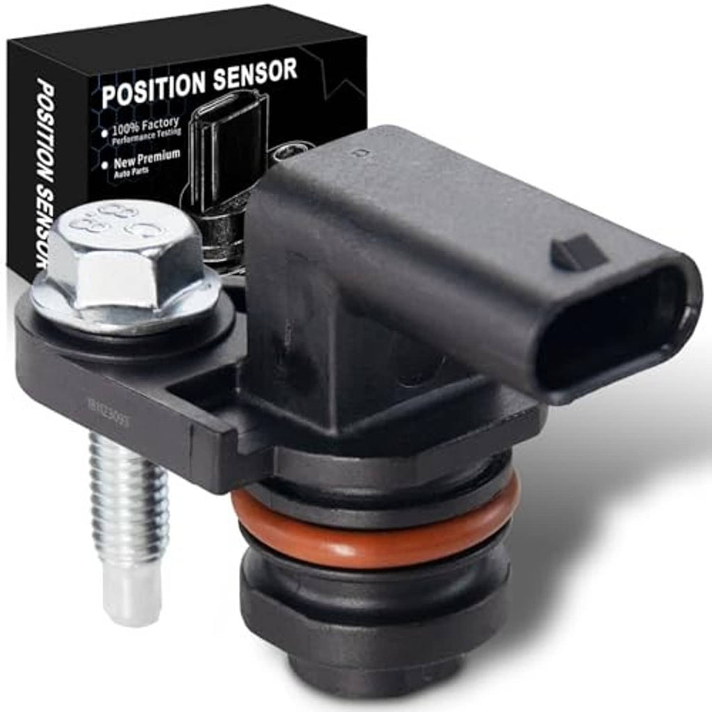 Camshaft position sensor with black body, orange seal, and cylindrical electrical connector