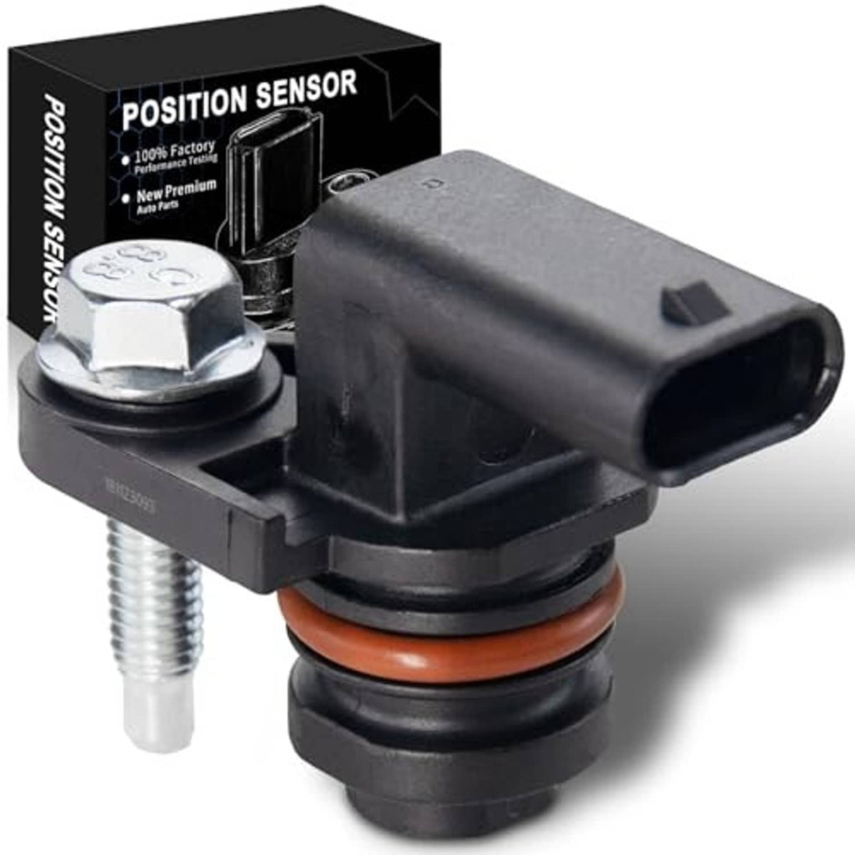 Camshaft position sensor with black body, orange seal, and cylindrical electrical connector