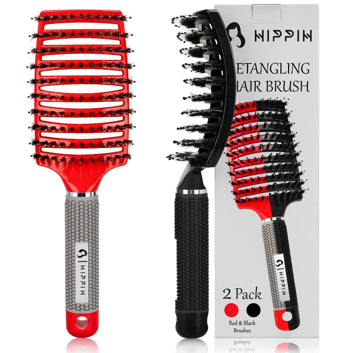 Two-pack detangling hair brushes with red and black bristle heads