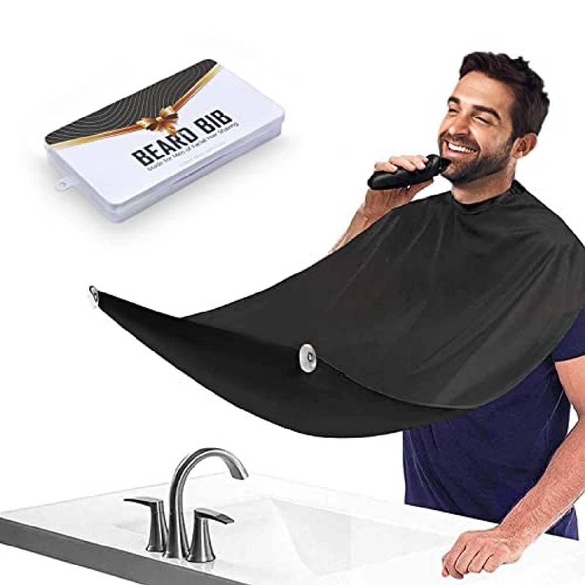 Black beard bib apron with neck opening and snap closure; barbershop beard trimmer
