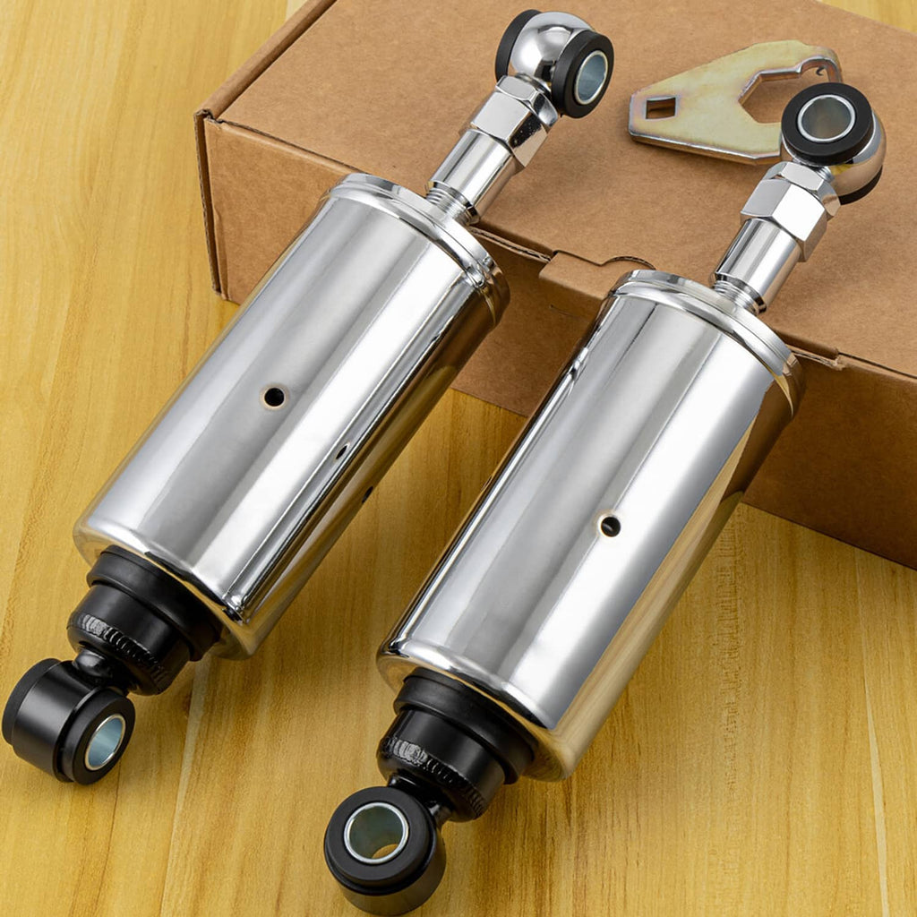Chrome adjustable lowering shocks with black bushings and upper mounting brackets