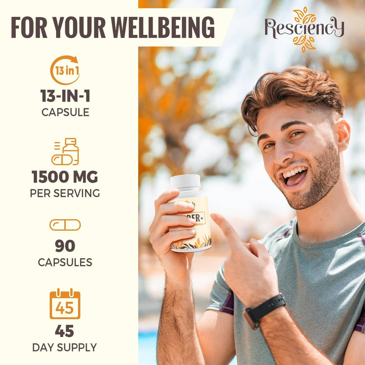 Binder+ detox supplement bottle with white cap, held by smiling man; front label visible.