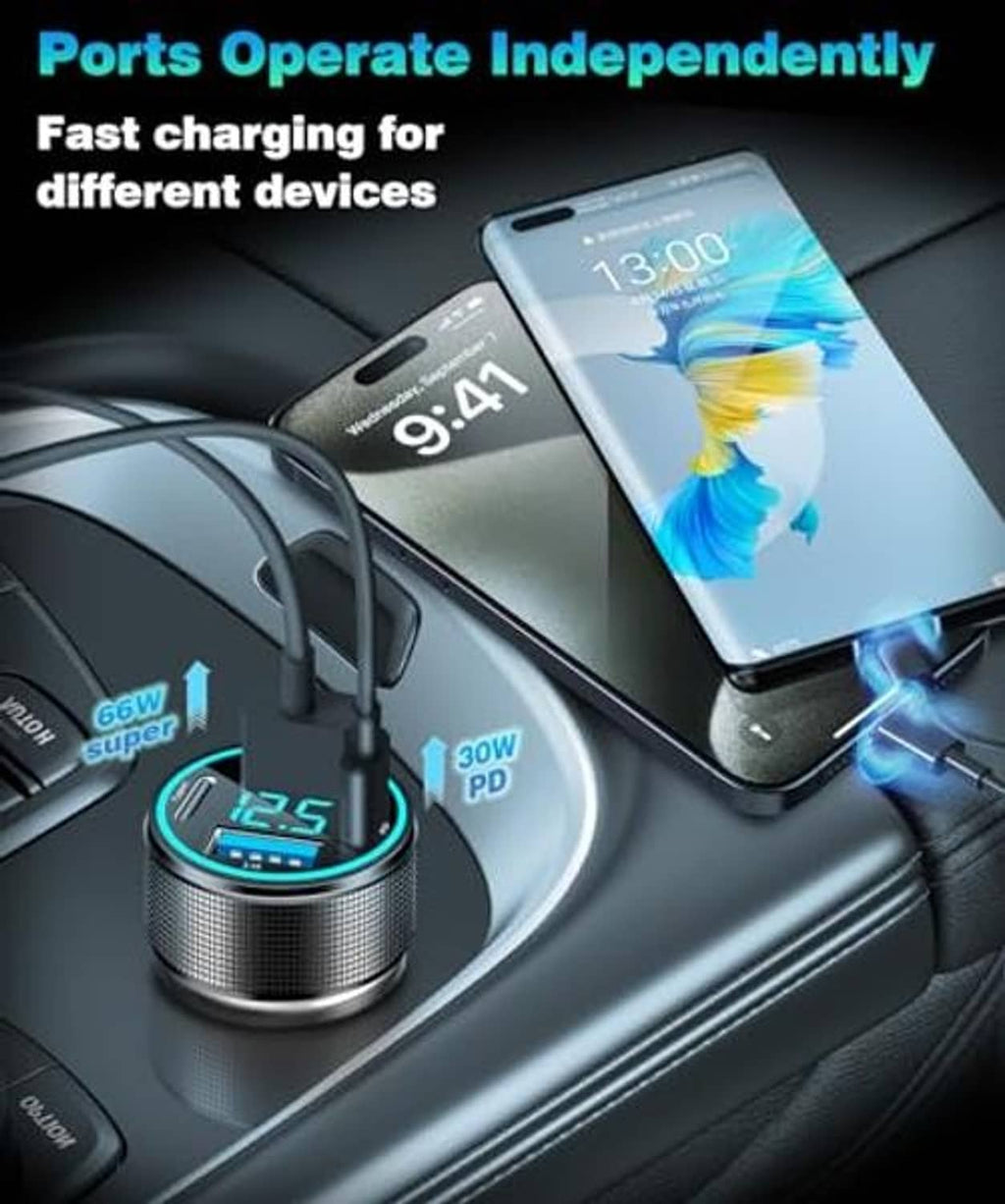 USB-C car charger adapter with LED voltage display and multiple USB charging ports