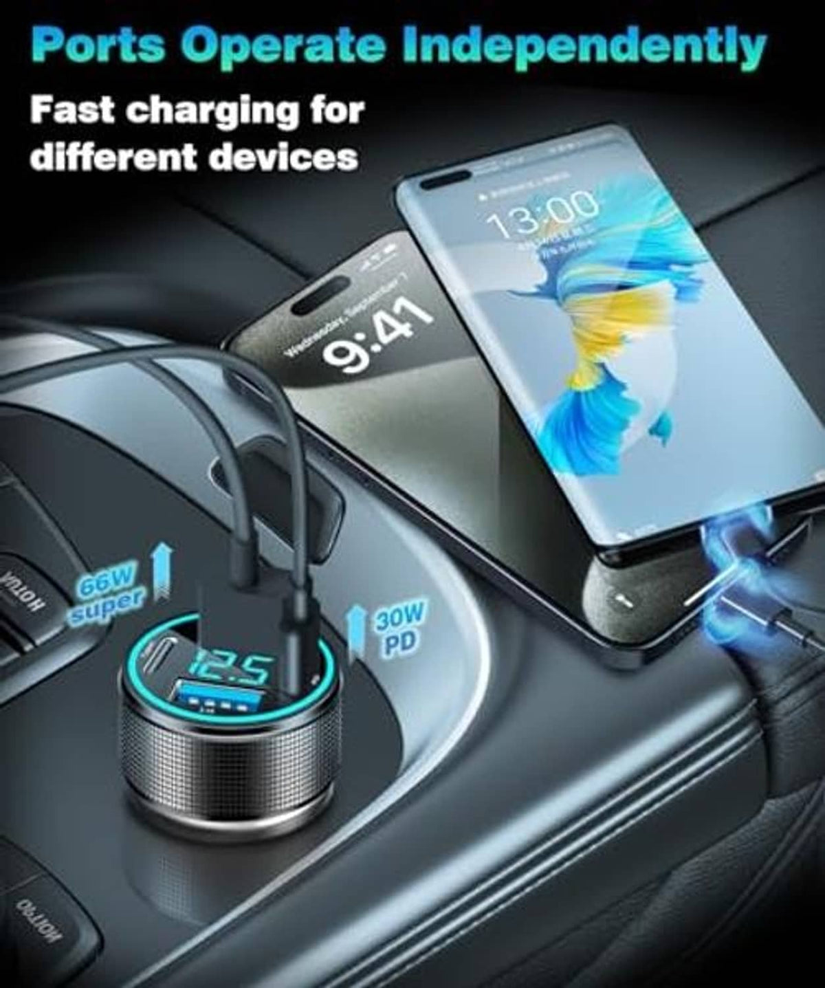 USB-C car charger adapter with LED voltage display and multiple USB charging ports