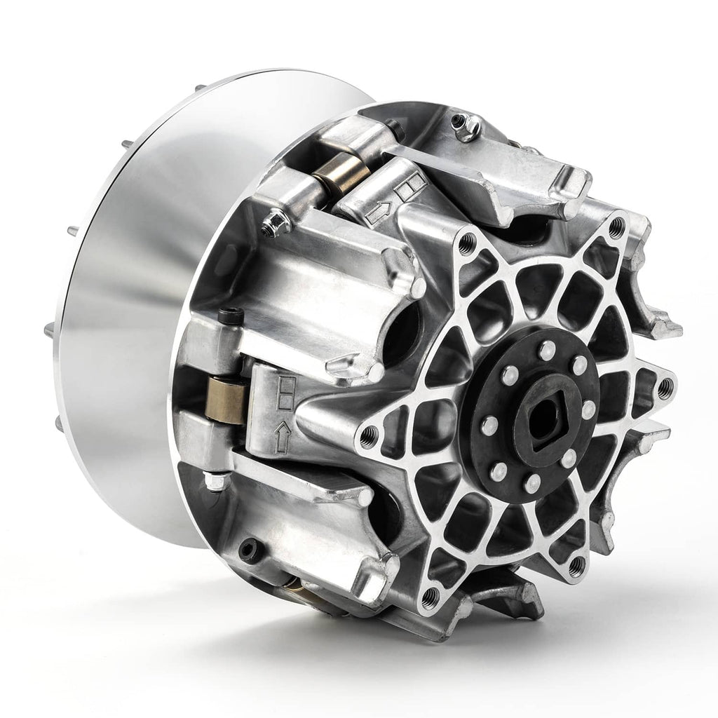 CVT primary drive clutch with machined alloy cover, black belt sheave, and pulley