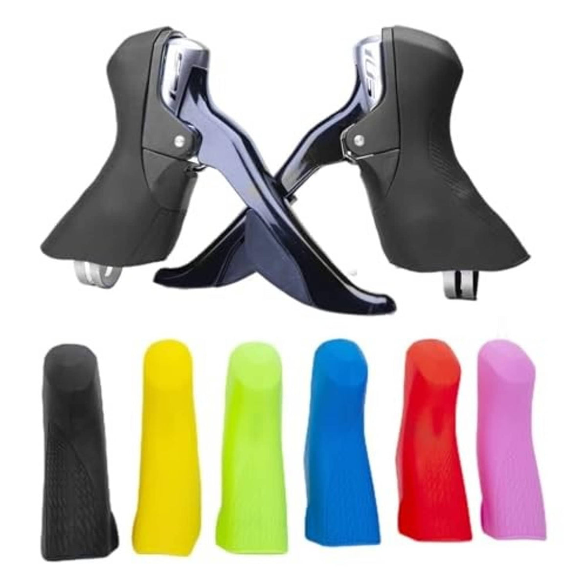 Bike brake lever grip hoods shown in black and multiple color options