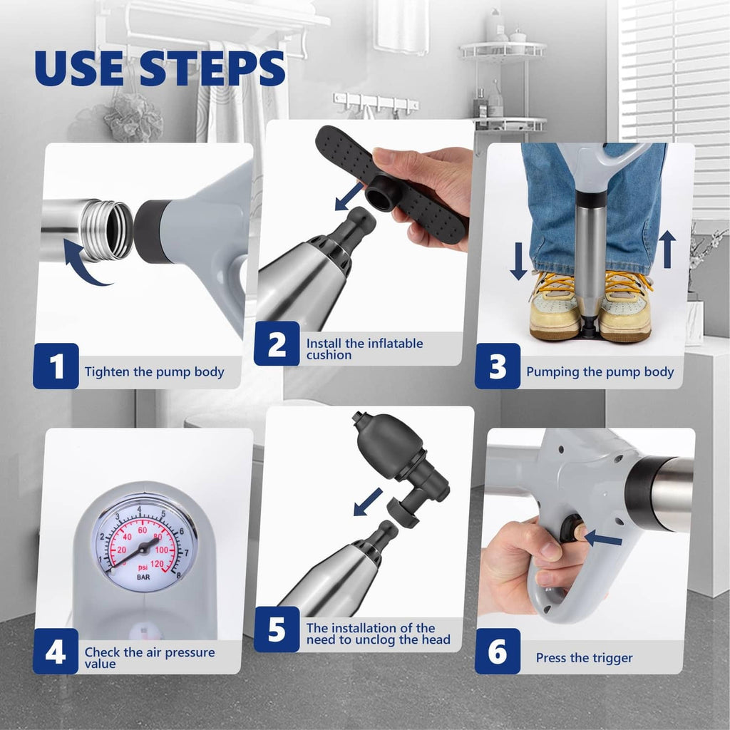 Gray air plunger device with black trigger handle and nozzle attachment