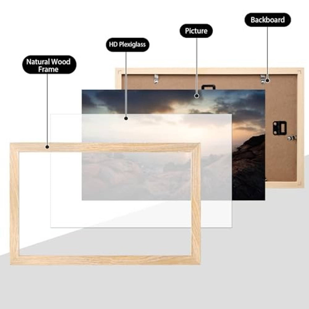 Natural wood picture frame with clear acrylic front and hinged backboard for photo display