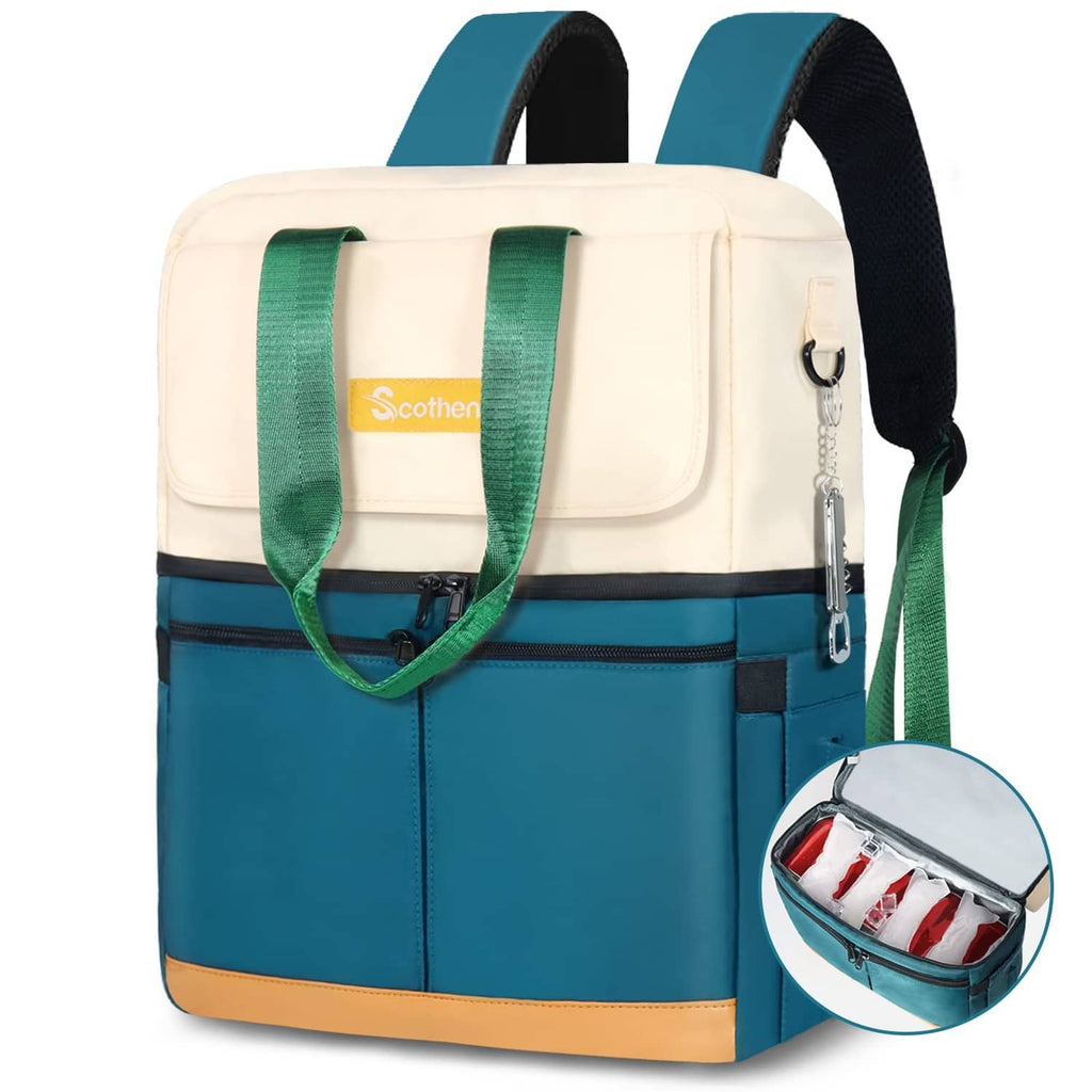 Green and cream insulated backpack cooler with front flap and dual carrying straps