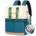Green and cream insulated backpack cooler with front flap and dual carrying straps