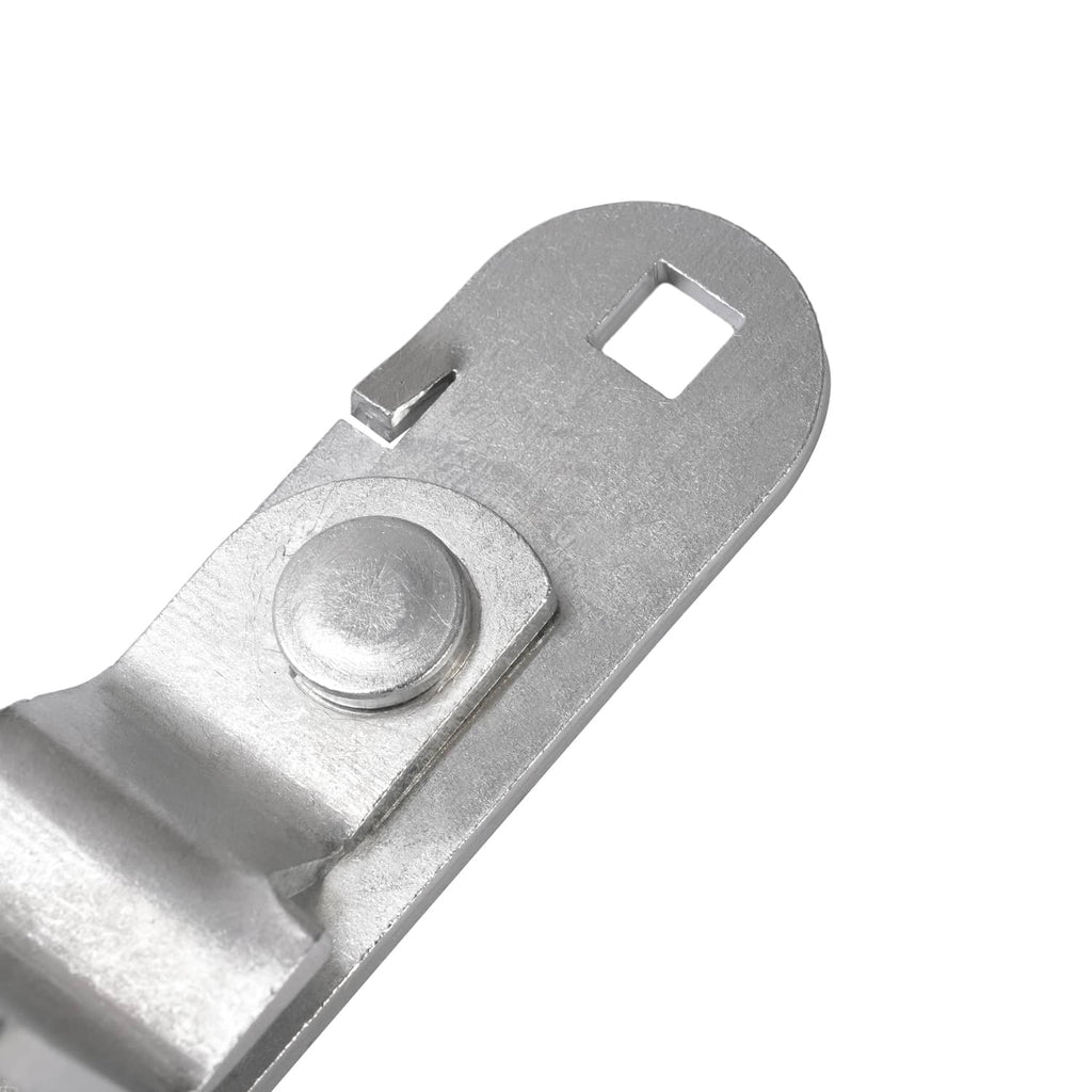 Steel cam latch hasp close-up of round pin and latching tab, silver finish