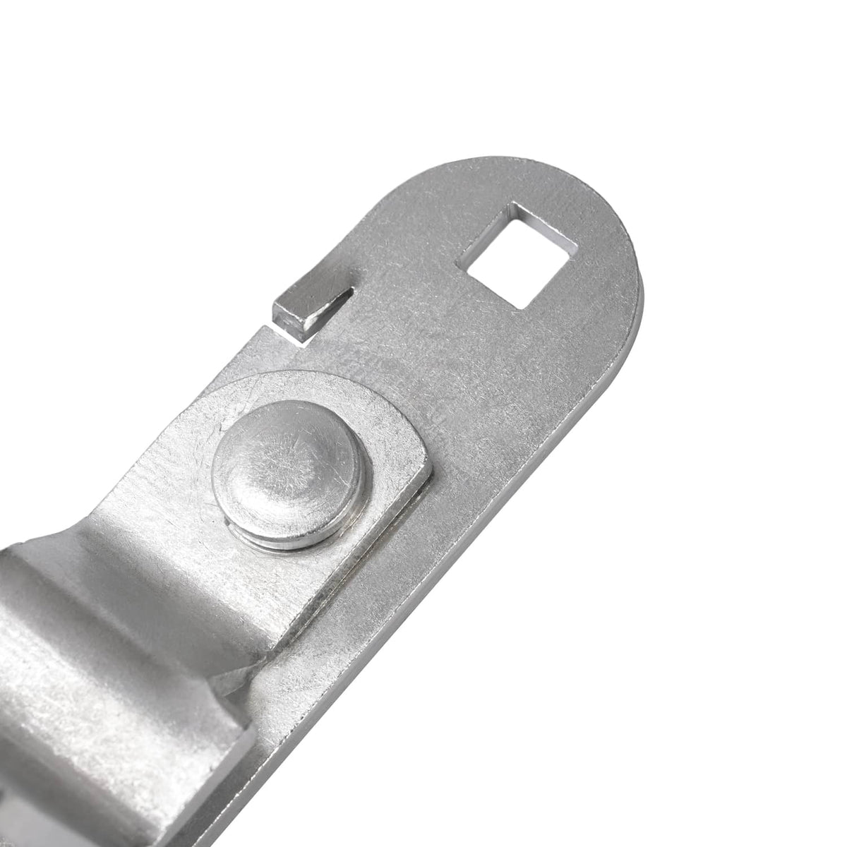 Steel cam latch hasp close-up of round pin and latching tab, silver finish