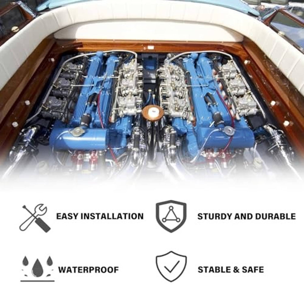 Outboard trim relay feature infographic with waterproof, shield, and install icons