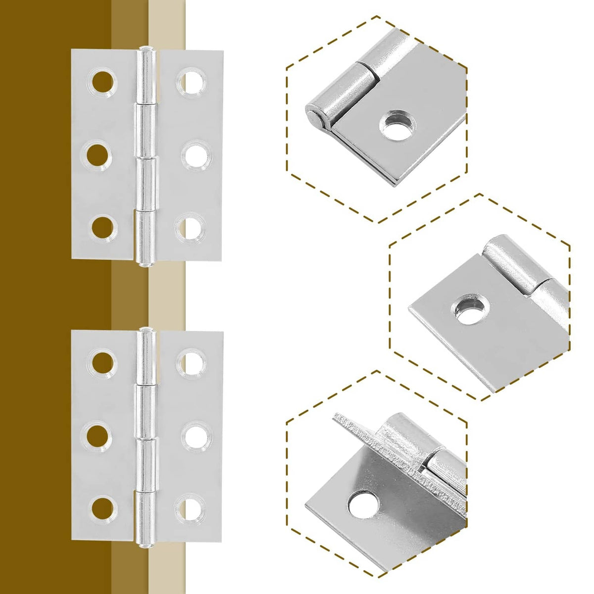 Stainless steel butt hinge with central pin and round mounting holes, angled closeup