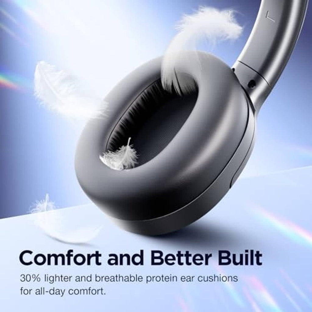 Black over-ear headphones with thick cushioned ear pads for comfort