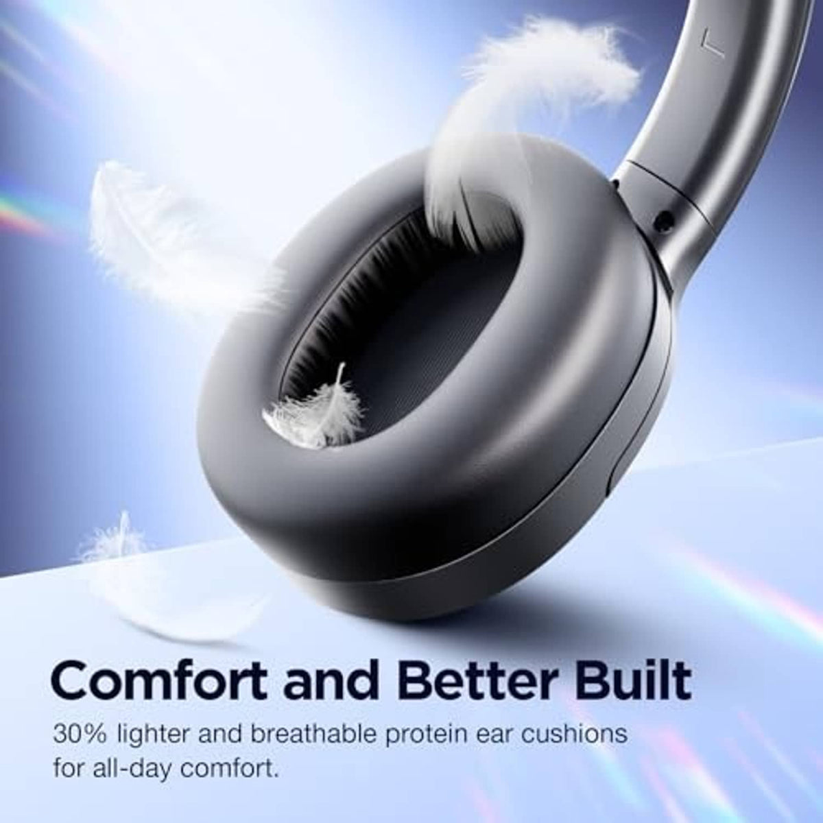 Black over-ear headphones with thick cushioned ear pads for comfort