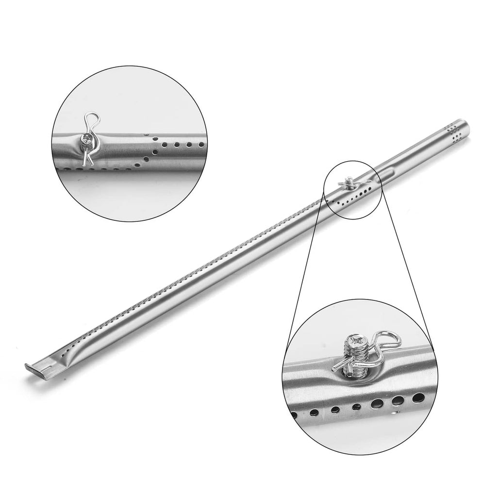 Stainless steel burner tube with vent holes and end mounting hardware