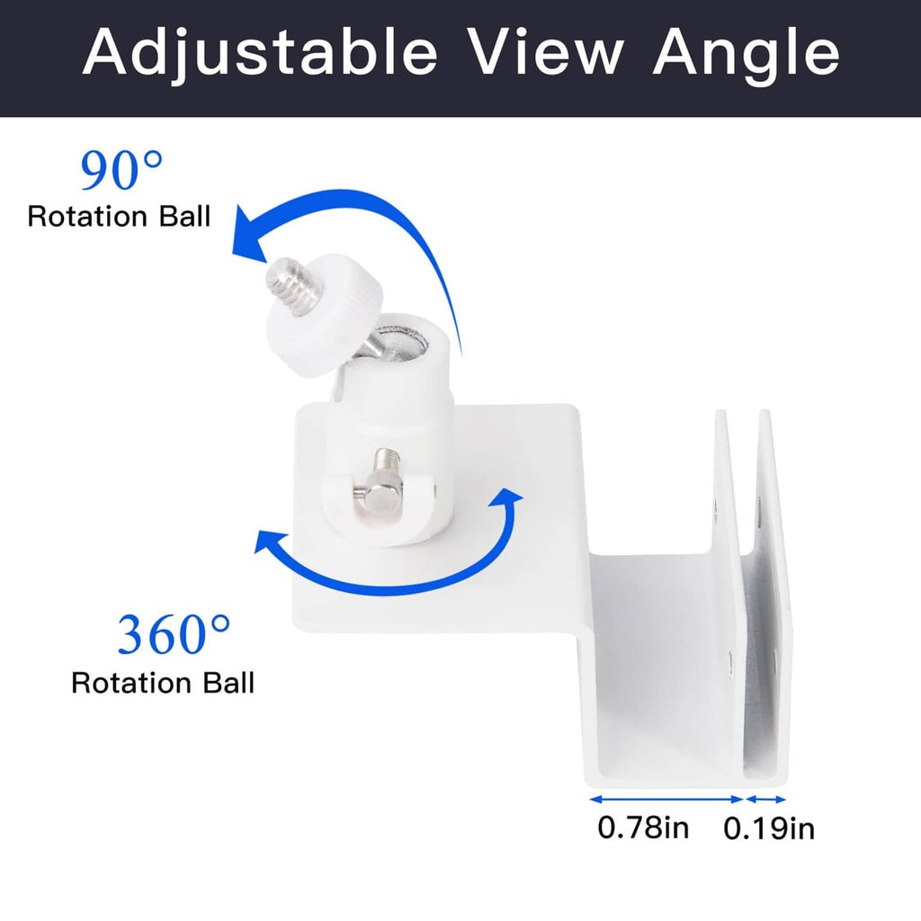 White adjustable gutter mount with 360° rotatable ball joint for camera viewing