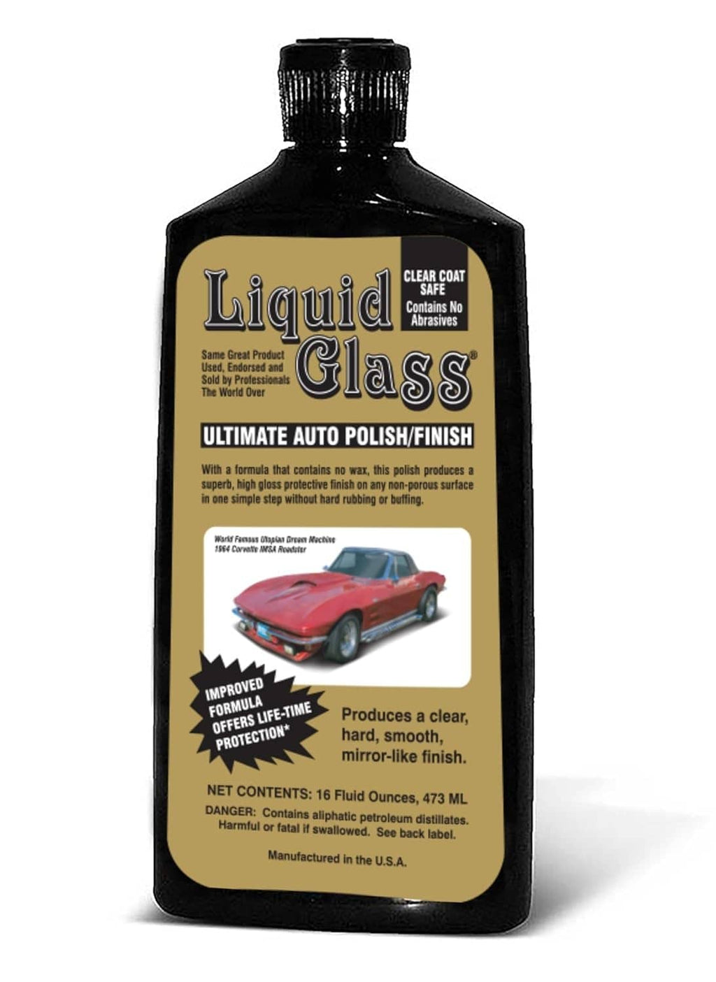 Liquid Glass auto polish bottle with clear coat finish front label.