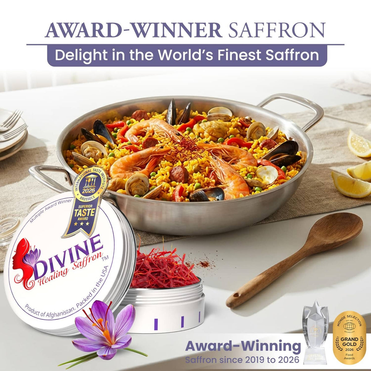 Divine Healing Saffron tin with red threads beside a cooked saffron seafood dish