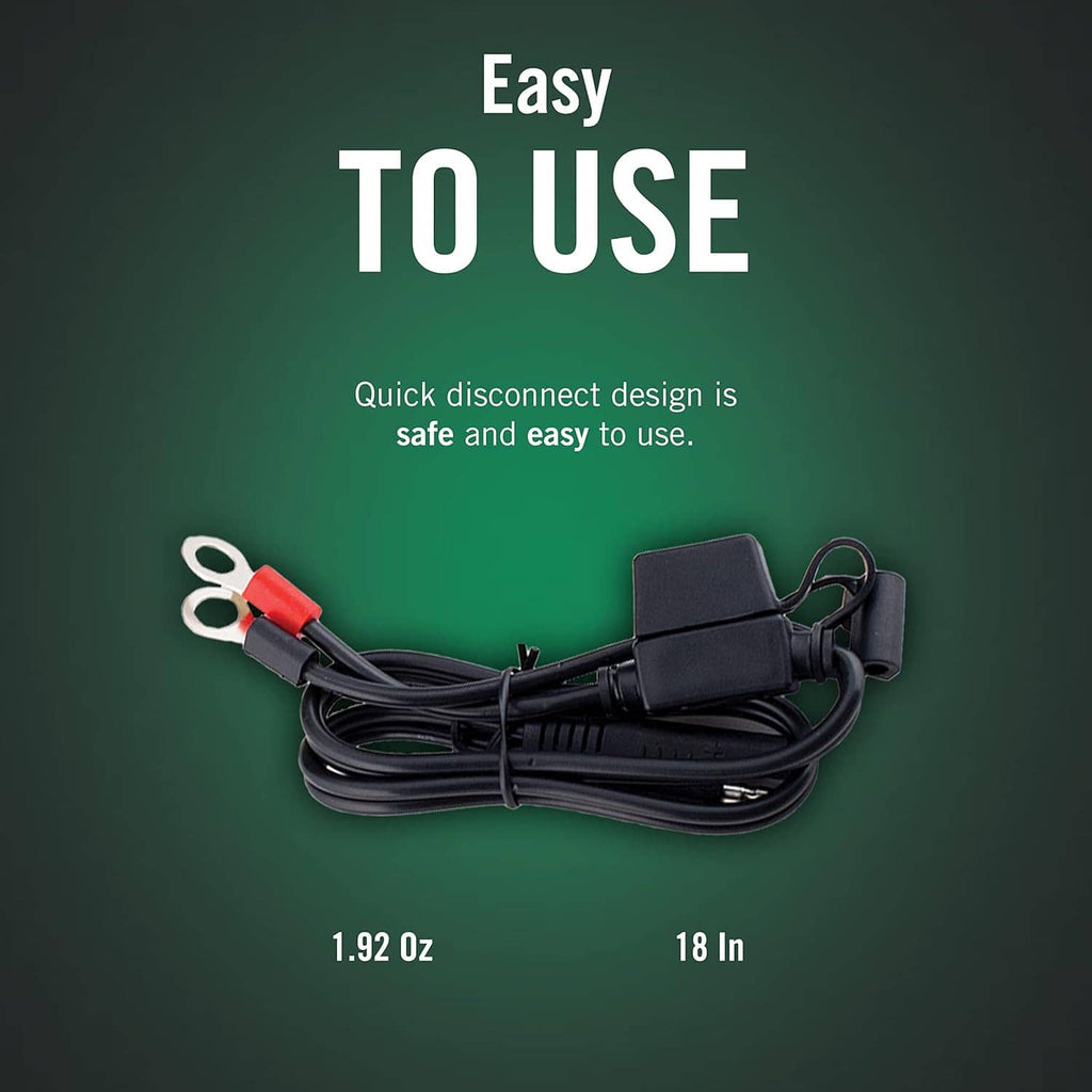 Ring terminal adapter cable with black wiring and quick-disconnect connector for 18 in use
