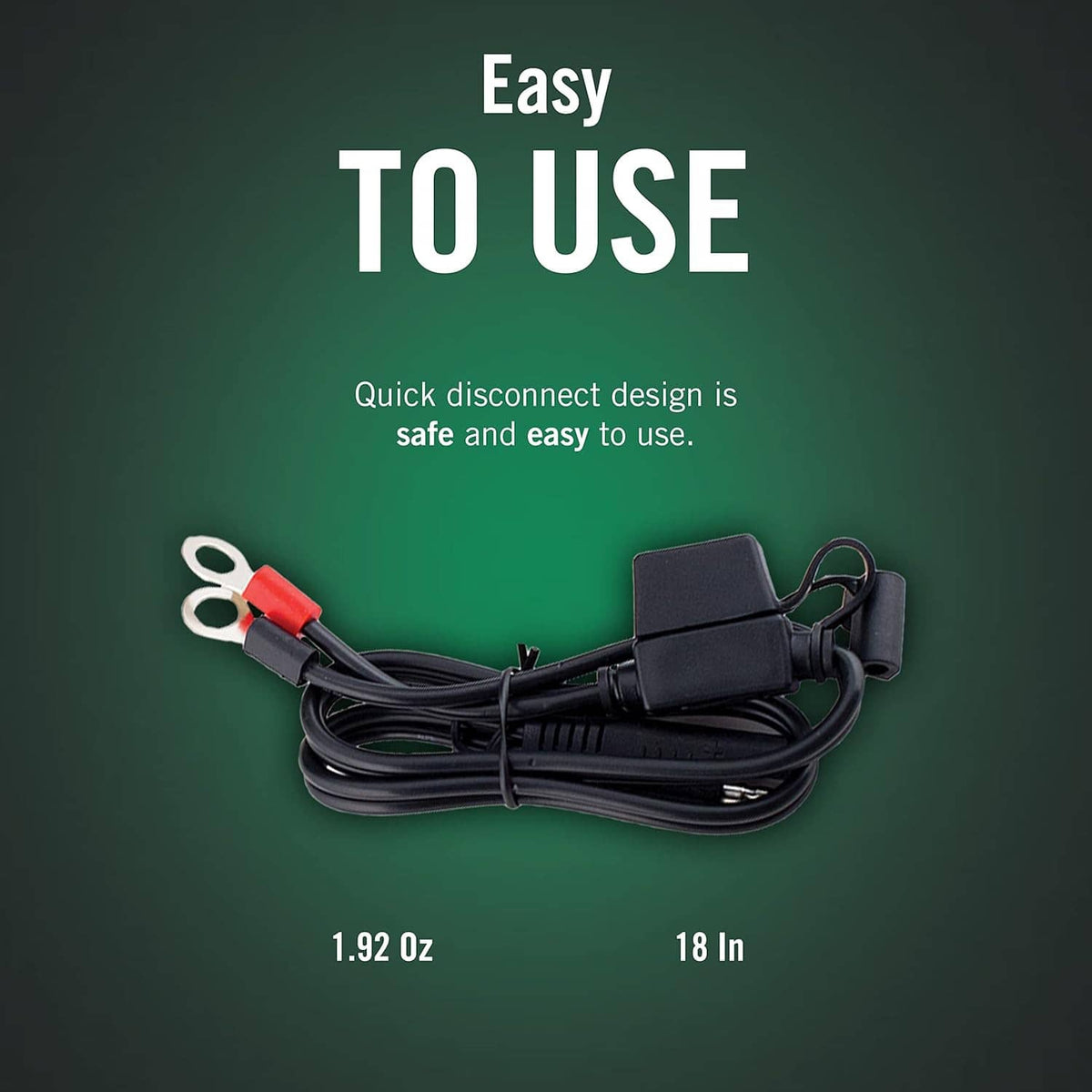 Ring terminal adapter cable with black wiring and quick-disconnect connector for 18 in use