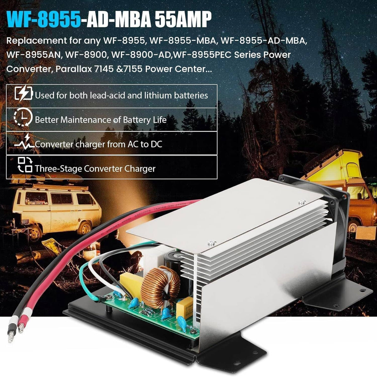 RV power converter with large silver heatsink, green circuit board, and red/green/black leads.