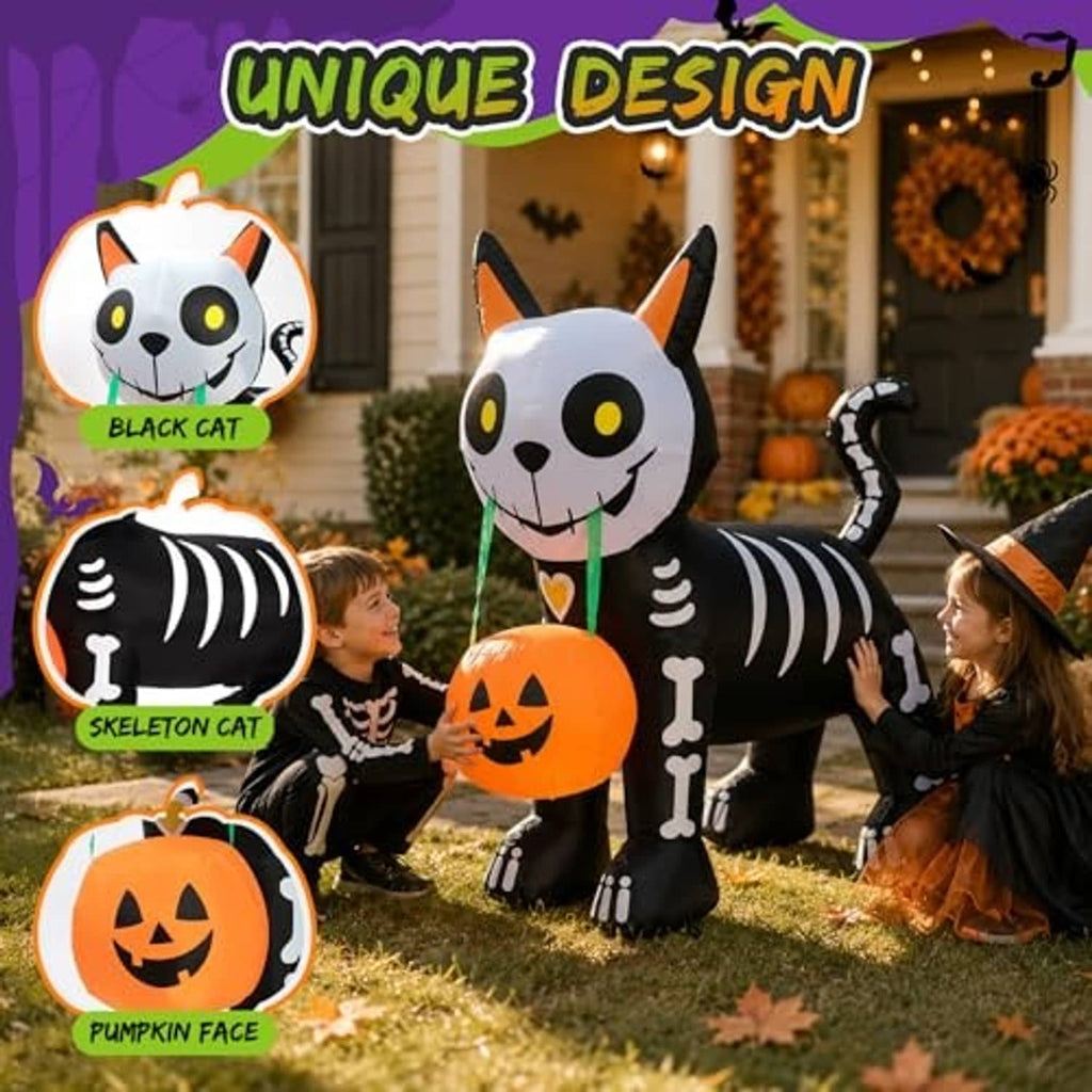 Inflatable black cat with glowing jack-o'-lantern pumpkin, wide-eyed skeleton face design
