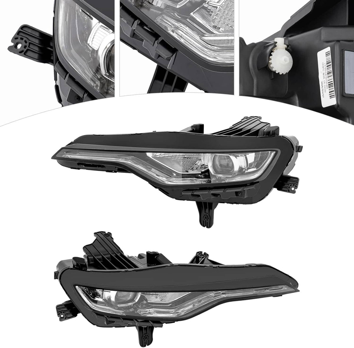 LED DRL headlight pair with clear projector lens, black housing, and mounting tabs