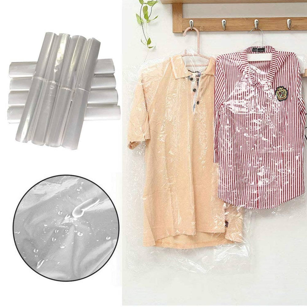 Set of transparent garment dust covers over hanging clothes; silver seal design