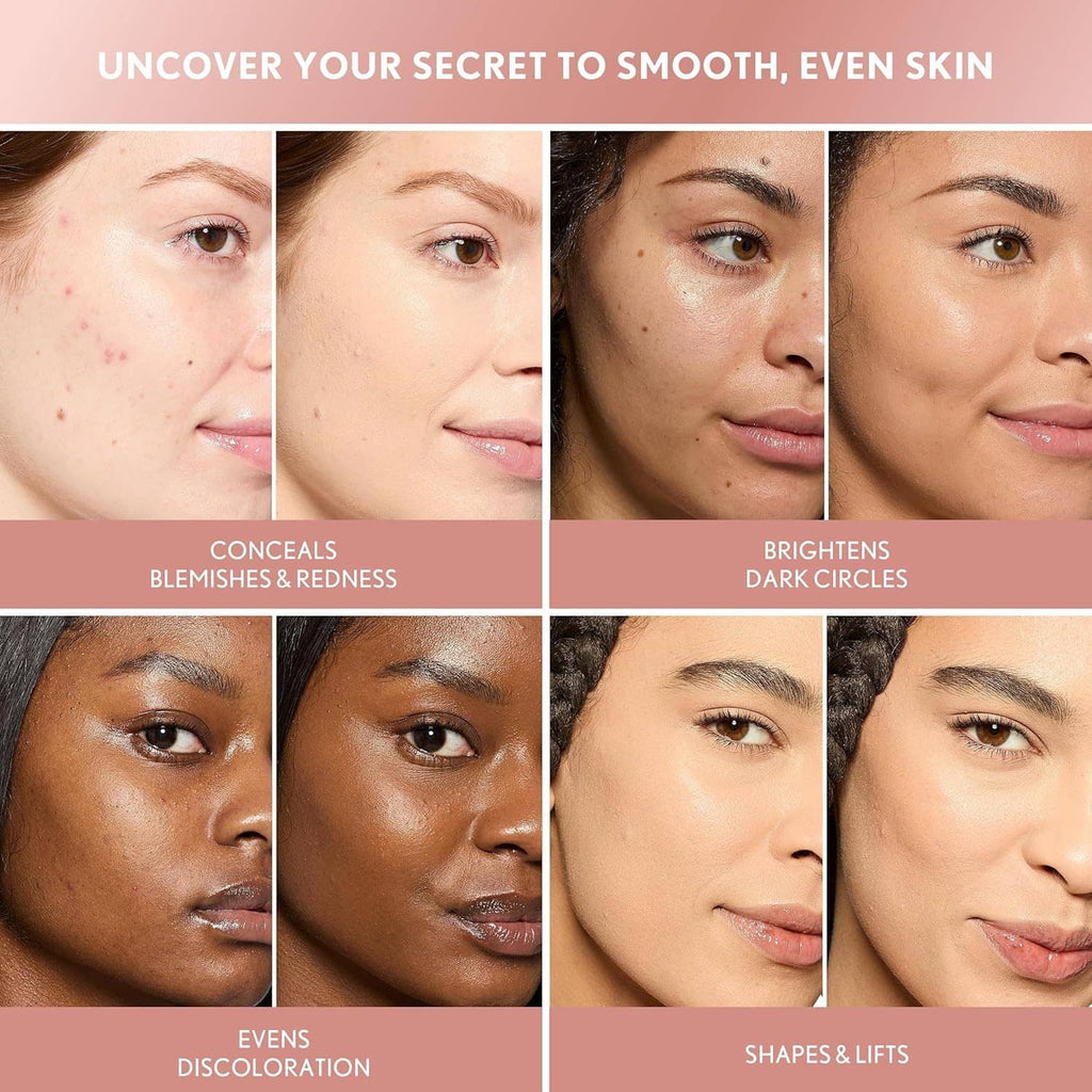 Concealer results on multiple faces, smooth matte complexion close-ups