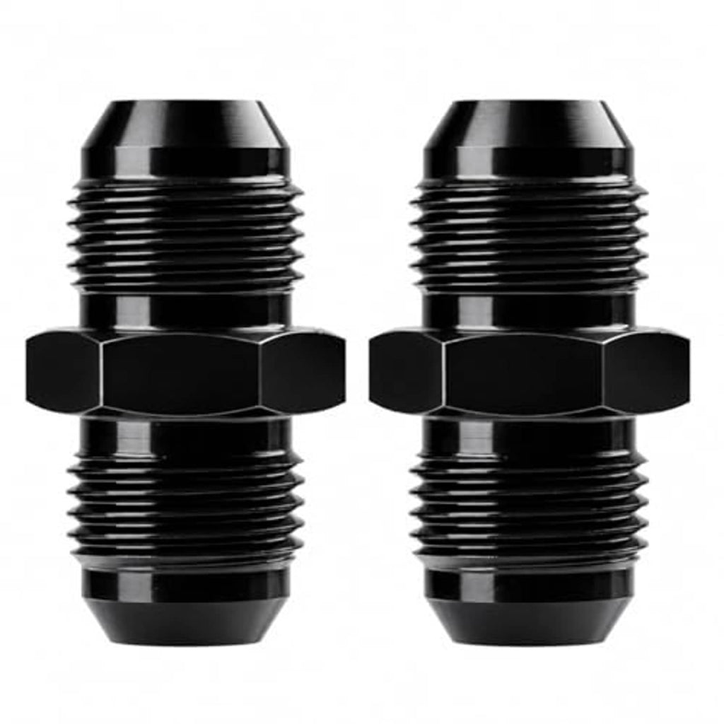 Pair of black 10AN male flare straight fuel hose coupler unions with hex center and threaded ends.