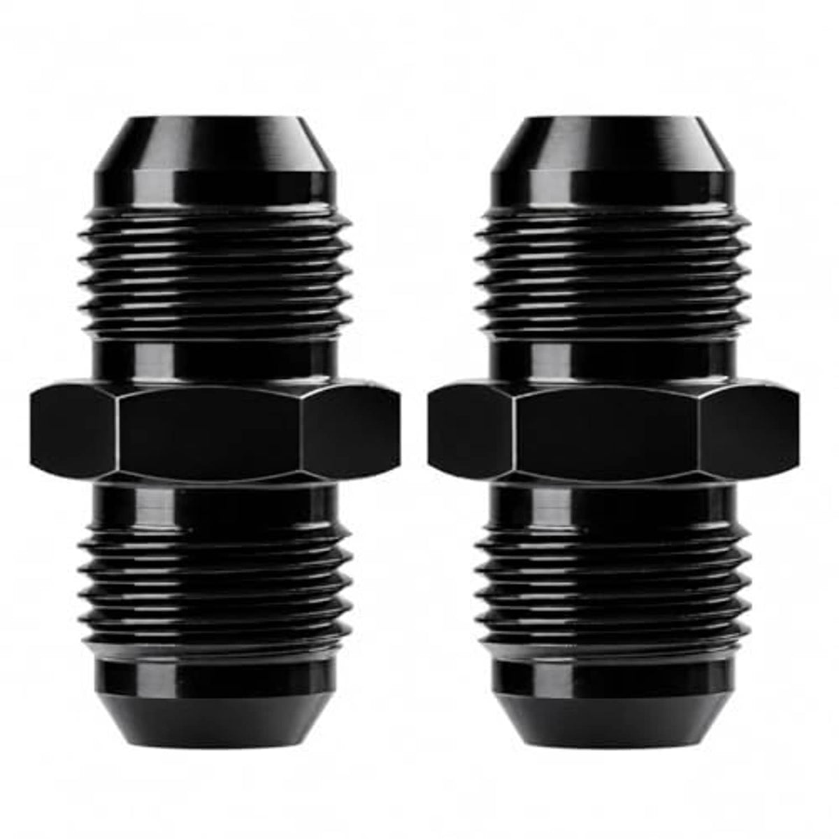 Pair of black 10AN male flare straight fuel hose coupler unions with hex center and threaded ends.