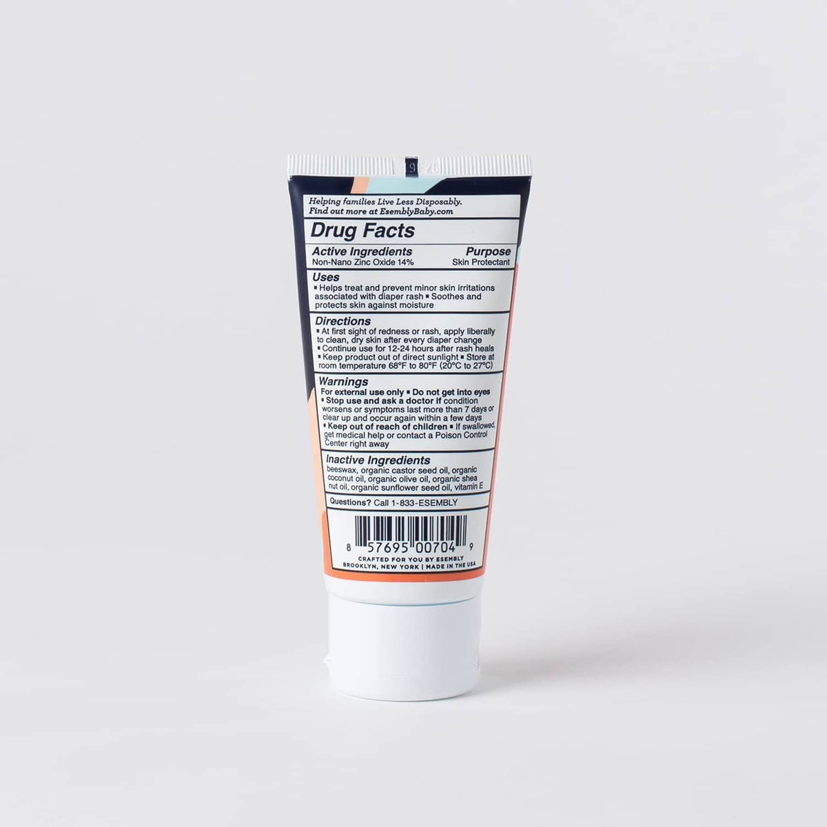 Esembly rash relief cream tube back label with Drug Facts panel