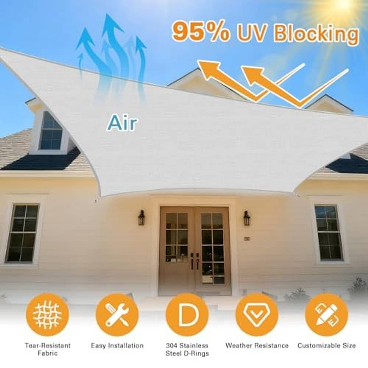 Light grey sun shade sail with reinforced fabric and D-rings; UV protection graphic