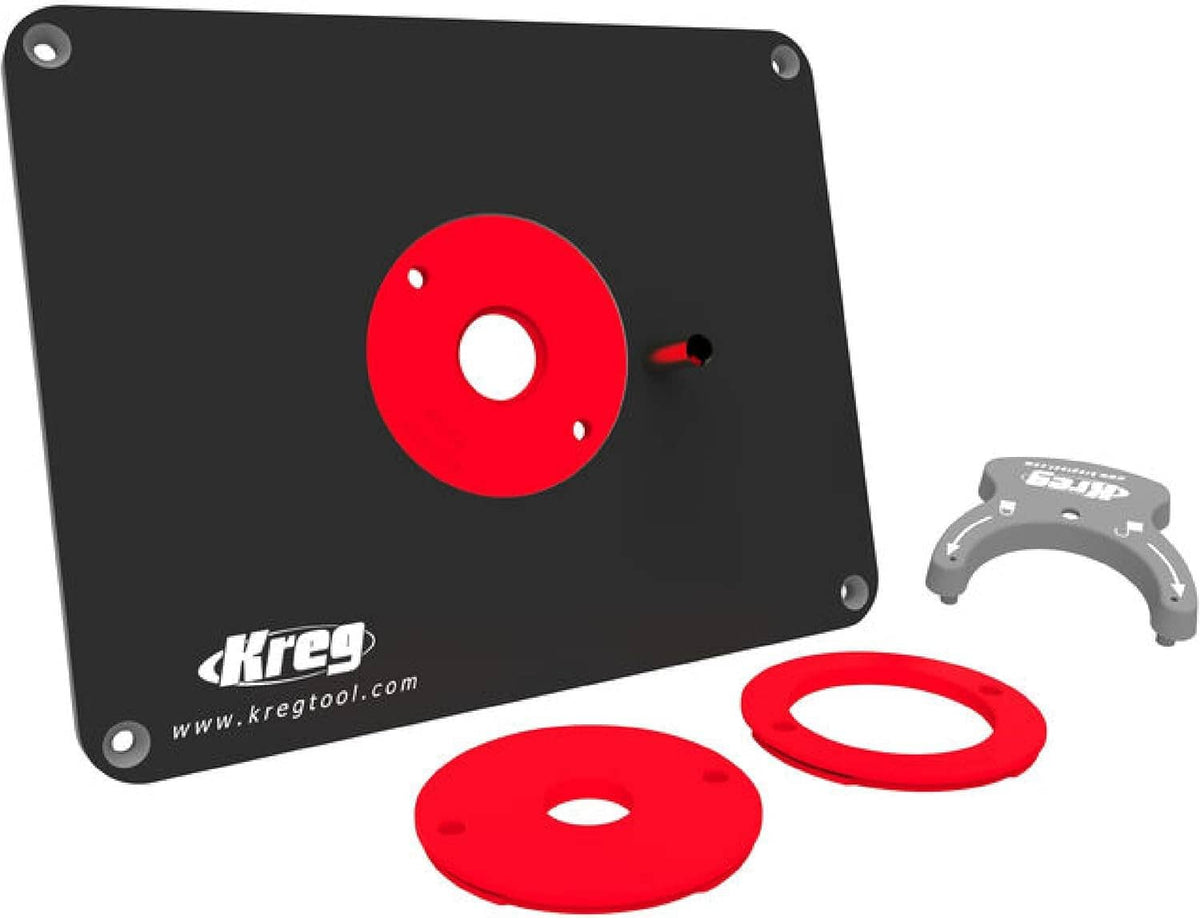 Kreg router table insert plate, black with red opening plus red rings and gray spacer