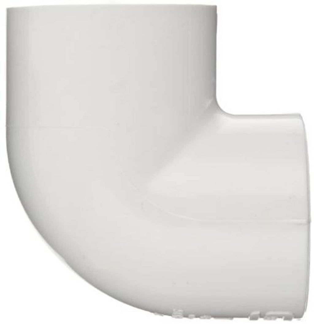 White PVC 90-degree elbow fitting with smooth curved body and open inlet