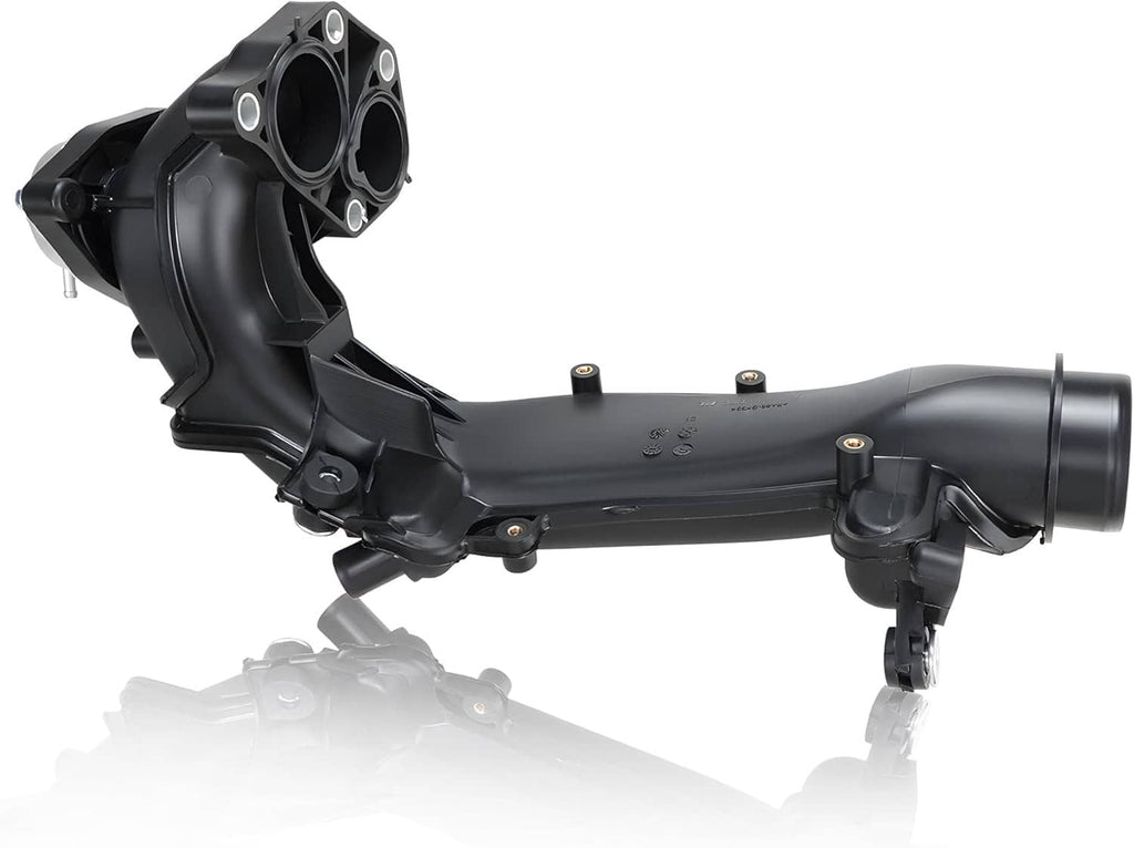 Black turbo charge air pipe joint with flange and mounting bolts