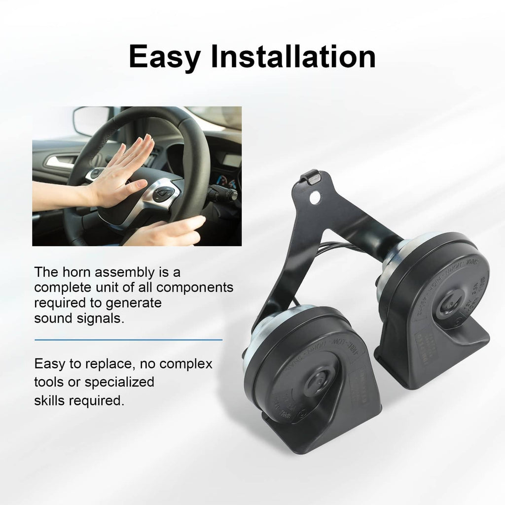 Dual pitch car horn assembly with two black horns and mounting bracket