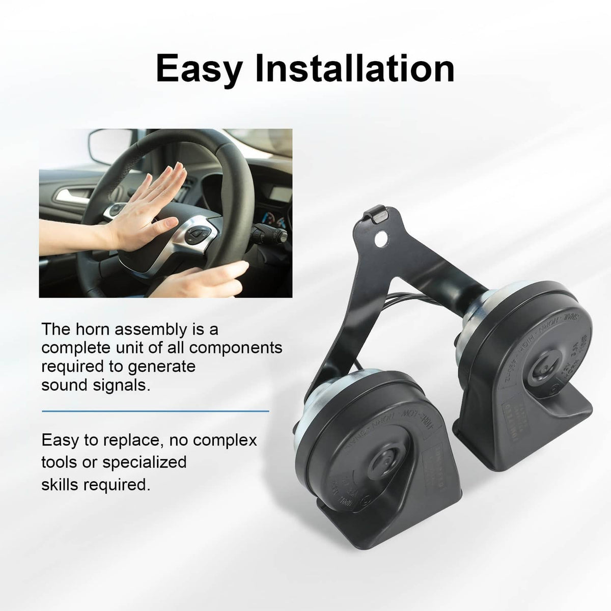 Dual pitch car horn assembly with two black horns and mounting bracket