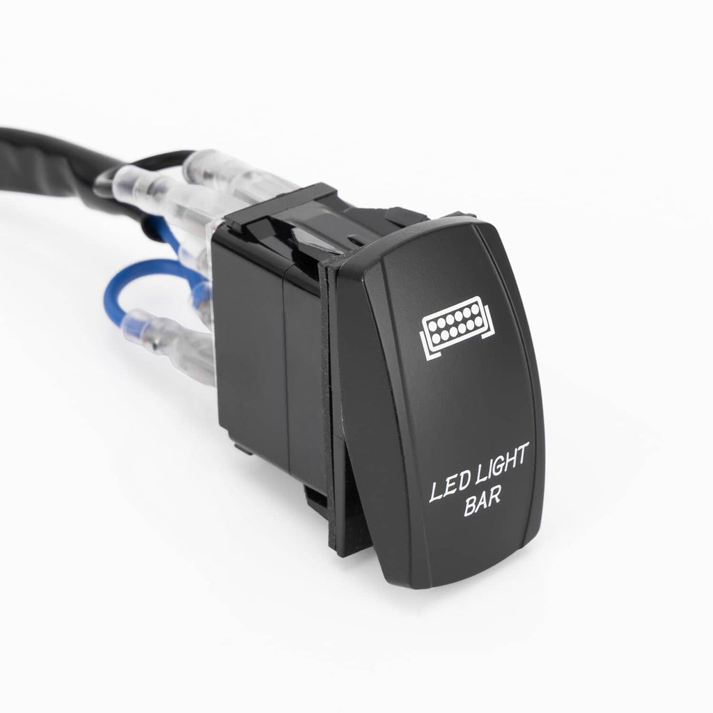 Black LED light bar rocker switch with illuminated icon and blue spade connectors