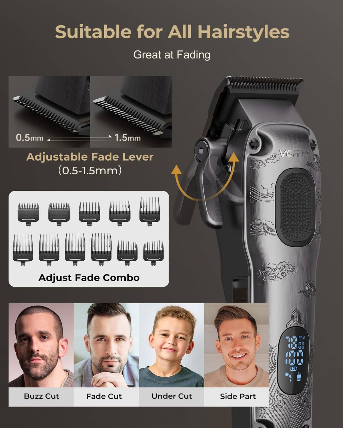 Cordless gray hair clipper with adjustable guide comb and digital battery display