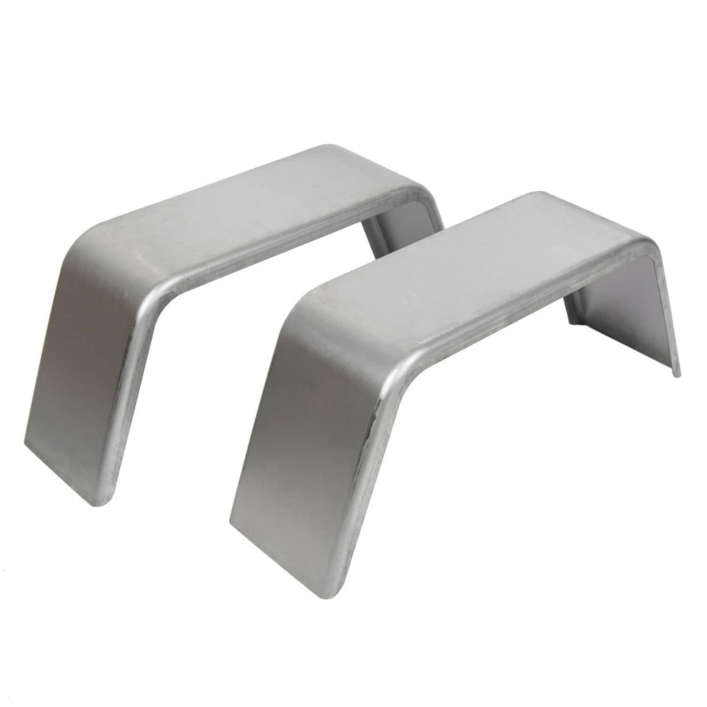 Pair of light gray trailer wheel fenders, curved edges and open mounting sides