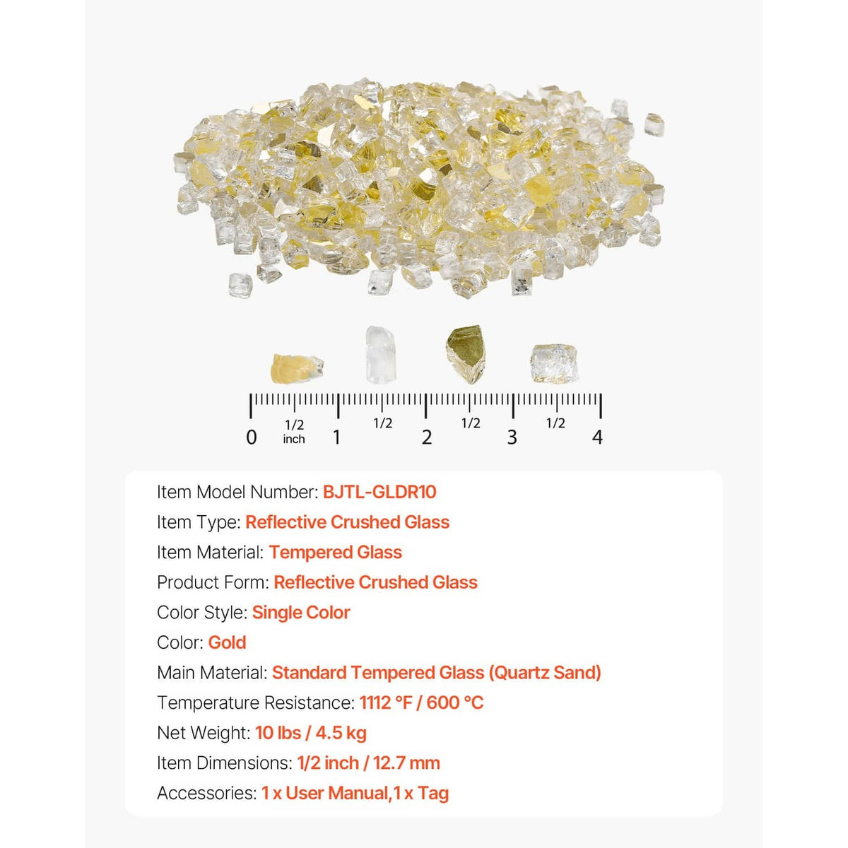Gold reflective crushed glass fire pit rocks with small pieces and ruler